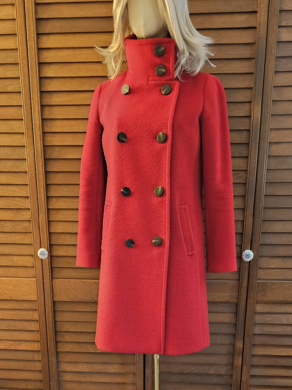 Ann Taylor Red Double-Breasted High-Collar Pea Coat
